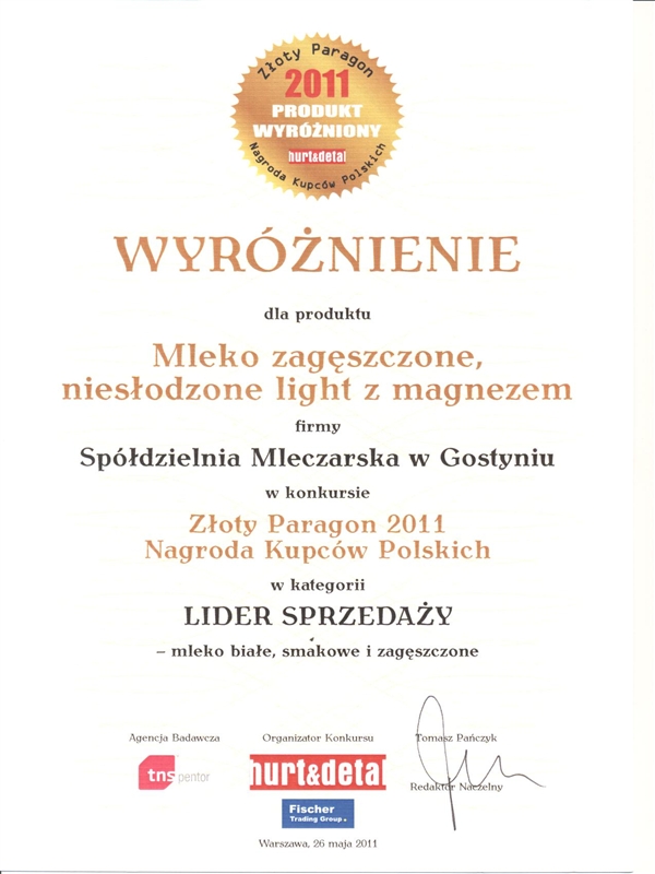 Nagroda Złoty Paragon Mleko Zagęszczone niesłodzone light magnez 2011