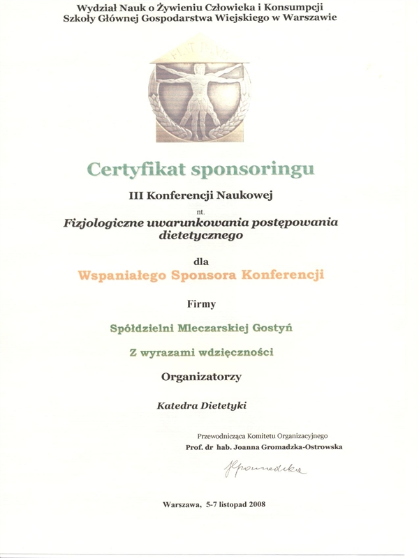 Certificate sponsoringu III konferencji naukowej 2008