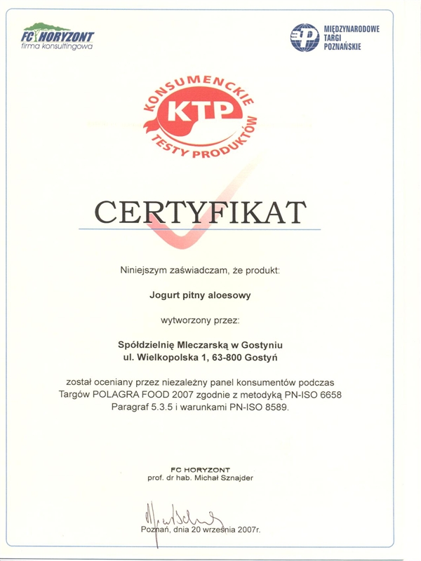 Certificate KTP Polagra food 2007 Jogurt pitny aloesowy