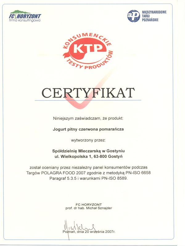 Certificate KTP Polagra food 2007 Jogurt pitny czerwona pomarańcza