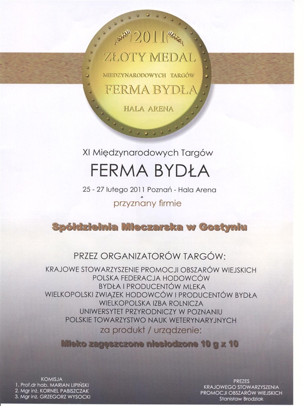 Nagroda Złoty medal ferma bydła 2011
