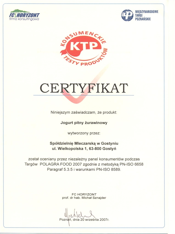 Certyfikat KTP Polagra food 2007 Jogurt pitny żurawinowy