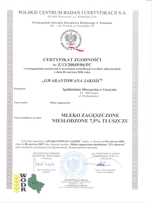 Certyfikat zgodności Gwarantowana jakość 2006