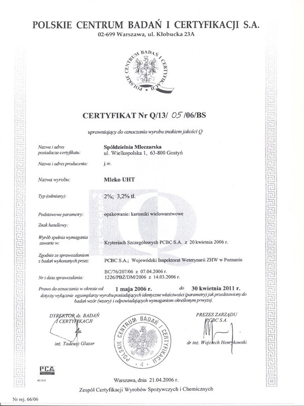 Certyfikat jakości Q mleko 2006