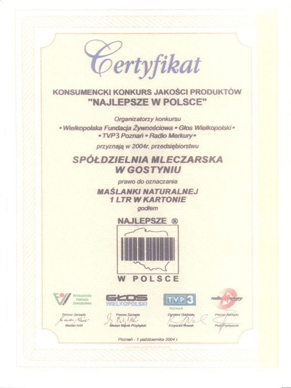 Certyfikat Najlepsze w Polsce Maślanka naturalna 2004