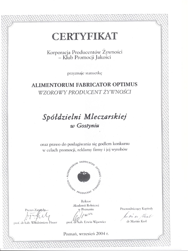 Certificate wzorowy producent żywności 2004
