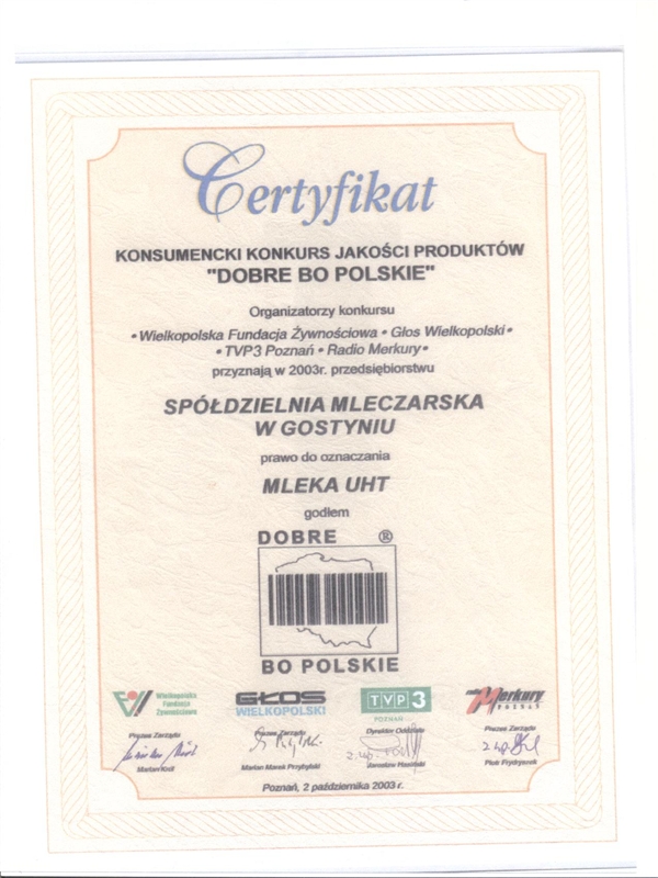 Certyfikat Dobre bo polskie dla Mleko UHT 2003
