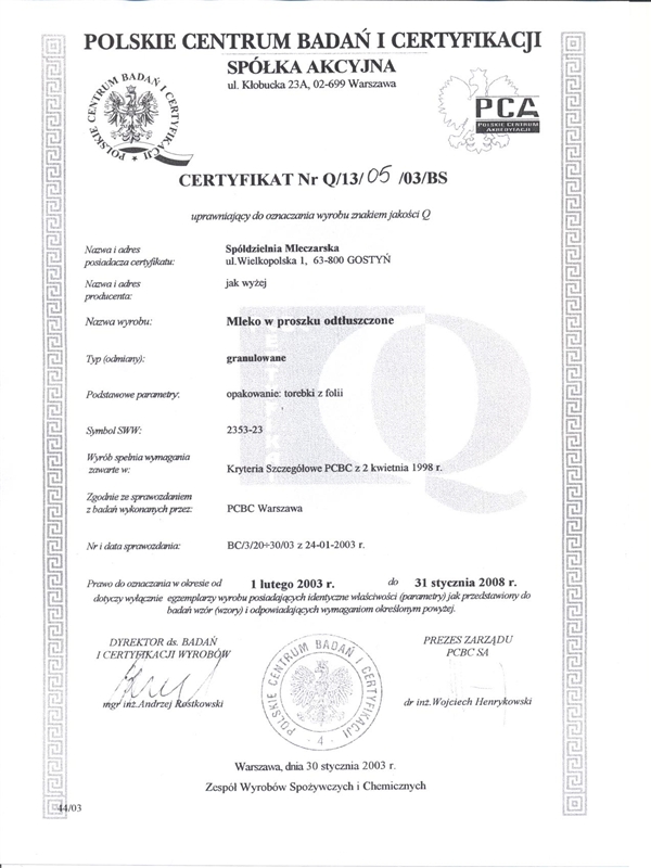 Certificate Q dla Mleko w proszku granulowane 2003