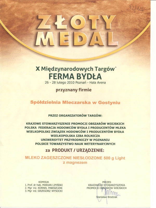 Nagroda Złoty Medal ferma roku Mleko zagęszczone niesłodzone light 2010