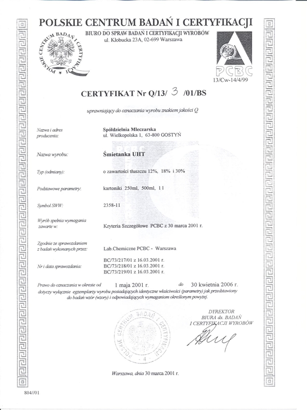 Certyfikat znak jakości Q śmietanka 2001