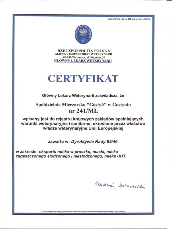 Certificate eksportu Mleka w proszku 2000