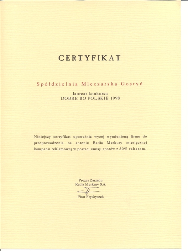 Certyfikat dobre bo polskie 1998