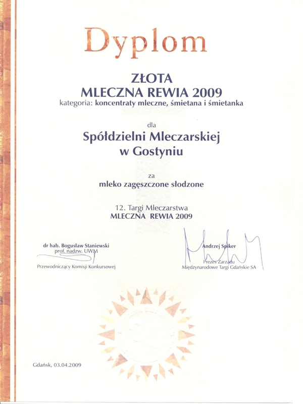 Nagroda Złota Mleczna Rewia Mleko zagęszczone słodzone 2009