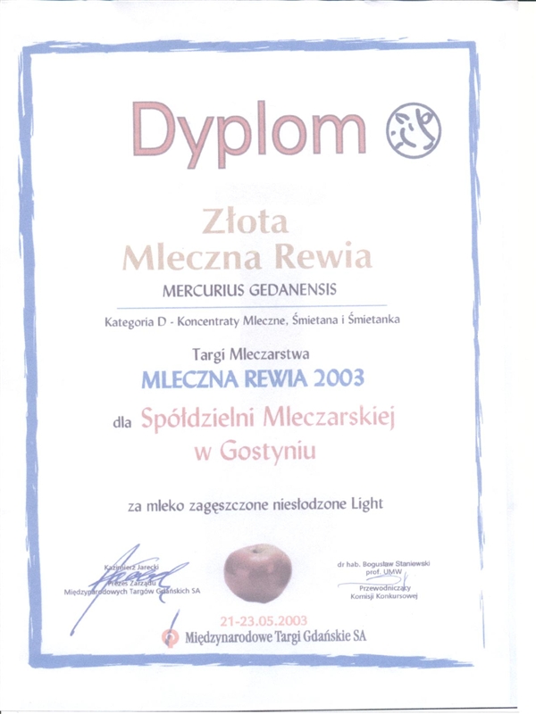 Nagroda złota mleczna rewia Mleko niesłodzone light 2003