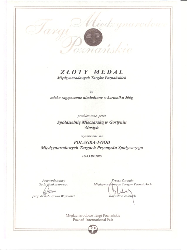Nagroda Złoty medal mleko zagęszczone niesłodzone 2002