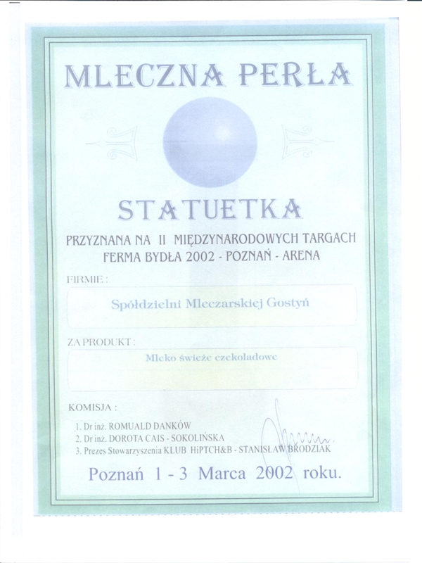 Nagroda mleczna perła Mleko świeże czekoladowe 2002