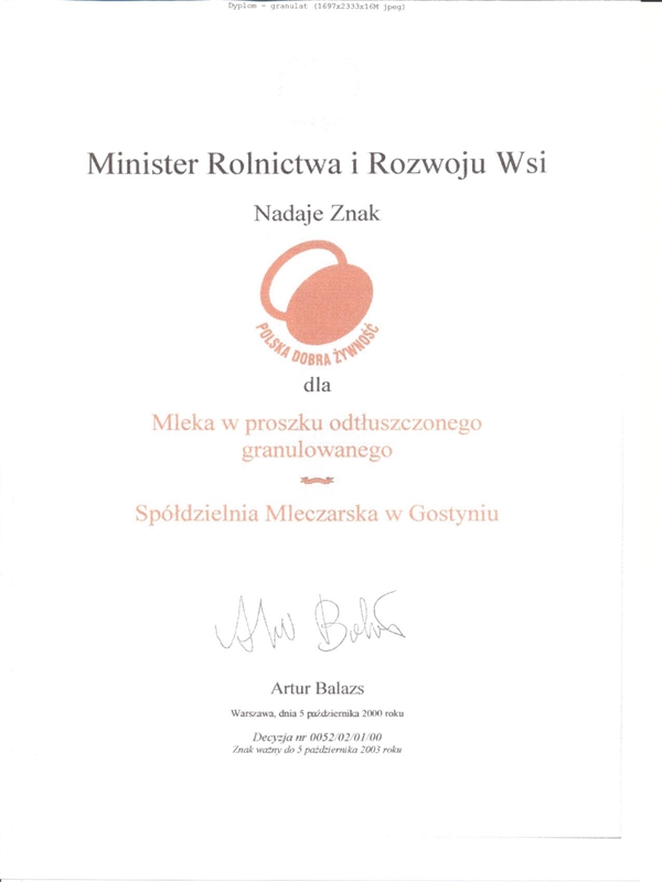 Nagroda Polska Dobra Żywność Mleko w proszku 2000