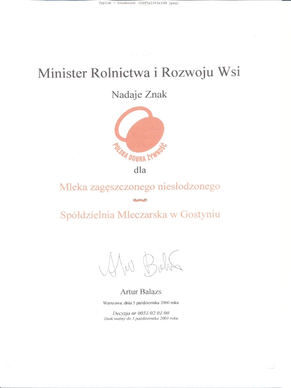 Nagroda Polska Dobra Żywność Mleko zagęszczone 2000