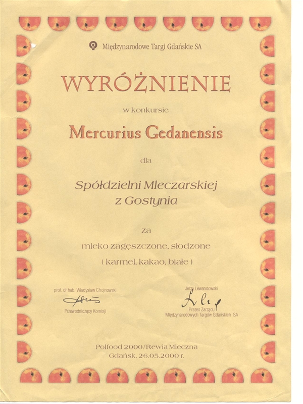 Nagroda Mercurius Gedanensis Mleko zagęszczone słodzone tuby 2000