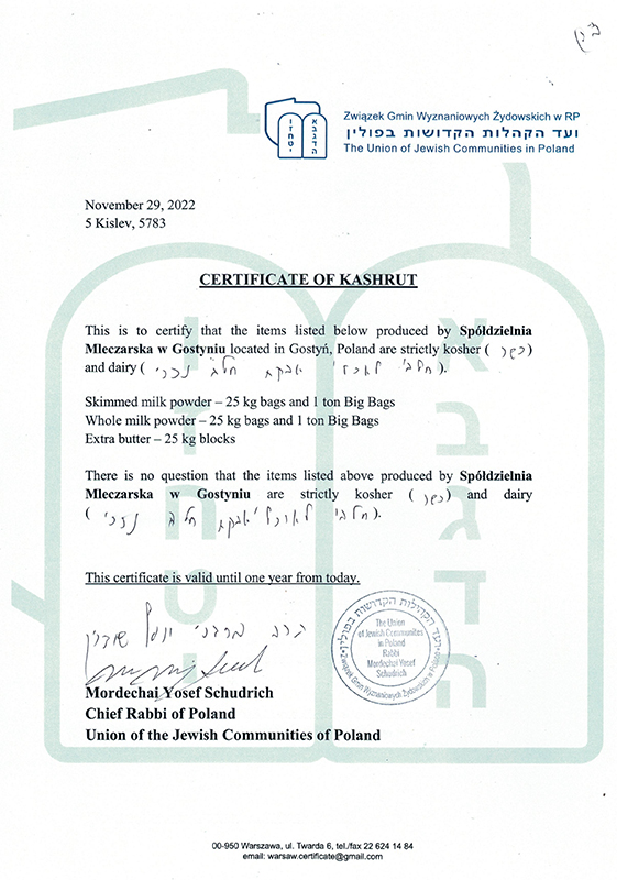Certificate KOSHER